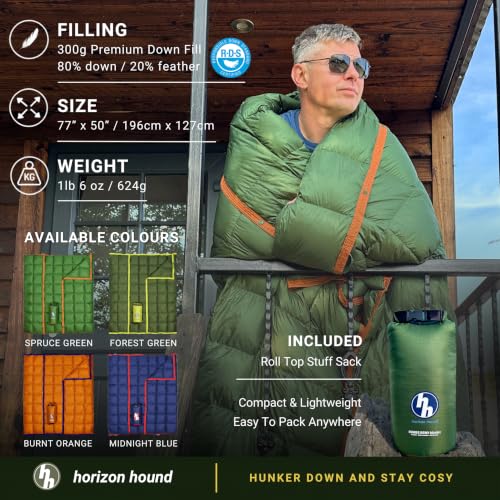 Horizon Hound Down Camping Blanket 650 Fill Power - Ultralight Backpacking Quilt (1lb 6oz) Warm & Water-Resistant 20D Nylon Shell for Outdoors, Camping, Hiking, Travel, & Stadium - Packable - color: Green