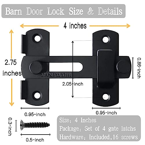 Barn Door Latch, 4 Pack 4-Inch Stainless Steel Gate Latches, Flip Door Latches Hardware, Sliding Lock Gate Latch for Outdoor Fence Barn Door Cabinet Window Closet Bifold Door Latch Locks Black - color: Black
