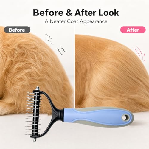 Pet Pro Grooming Tool, 2-In-1 Double-Sided Grooming Tool, Sided Deshedding Dematting Tool, Undercoat Rake for Dogs & Cats, Extra-Wide Dog Grooming Brush & Deshedder Comb for Long Hair(Blue + Pink)