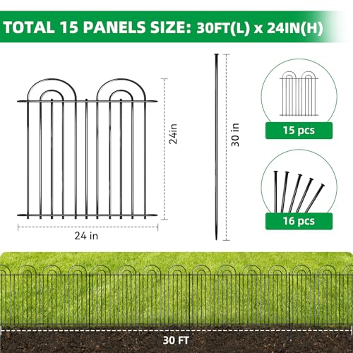 15 Panels No Dig Decorative Garden Fence, 24in(H) X 30ft(L) Tall Dog Fence Outdoor for Yard, Rustproof Metal Wire Garden Fencing Animal Barrier with Ground Stakes, Temporary Fencing for Patio Outdoor - color: Black, size: 15 Pieces, 24in(H) x 30ft(L)