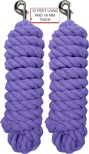 Majestic Ally Pack of 2 Solid Cotton Lead Rope for Horses & Livestock – 10 Foot Long and 5/8 inch (16MM) Thick - Replaceable Heavy-Duty Satin Bolt Snap – Handmade – Soft, Broken in Feel (Lilac) - color: LILAC