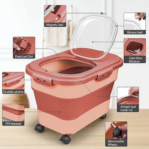 Viretec Dog Food Storage Container, 10-20Lbs Collapsible Pet Food Storage Containers with Rolling Wheel Airtight Locking Lid, Dry Food Storage Bin with Cup and Scoop,Suitable for Pet Food, Rice, Flour - color: Pink