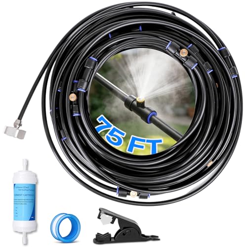 Misters for Outside Patio 75FT/23M, Pre-Assembled Misting Cooling System with 23 Brass Nozzles & 3/4" Adapter, Outdoor Mister for Backyard, Garden, Greenhouse, Chicken Coop, Dog House - size: 75FT