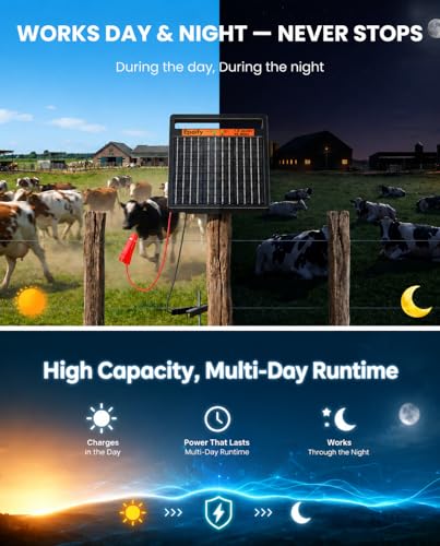Solar Electric Fence Charger LD02, 1.2J with Short Circuit Alarm | 8W High-Efficiency Solar Panel • Solar + AC Backup • 10000mAh Long Runtime • 45-Mile Coverage • Sealed Magnetic Switch