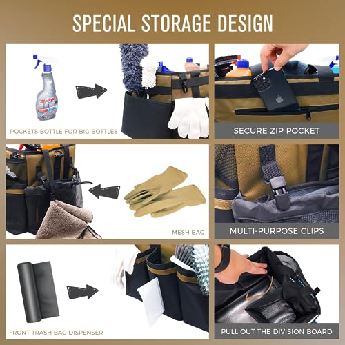SCAVATA Wearable Cleaning Caddy Organizer with Handle & Shoulder Straps for Housekeepers, Under Sink & Car Cleaning Tool Organizer Bag with 4 Foldable Dividers (Tan) - color: Tan