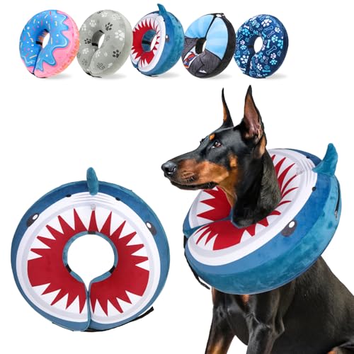 SCENEREAL Dog Cone Alternative After Surgery for Large Medium Small Dogs | Inflatable Cone Collar for Dogs Cats, Adjustable Soft Recovery Donut Collar to Prevent Licking, Shark Print E-Collars - color: Blue Shark, size: XL(Neck 18"-21")