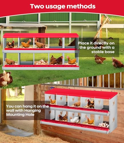 10 Compartment Chicken Nesting Box, Heavy Duty Metal Laying Box with Perch, Easy Assembly & Easy Clean for Outdoor Chicken Coop, Red - color: Red, size: 10 Compartment
