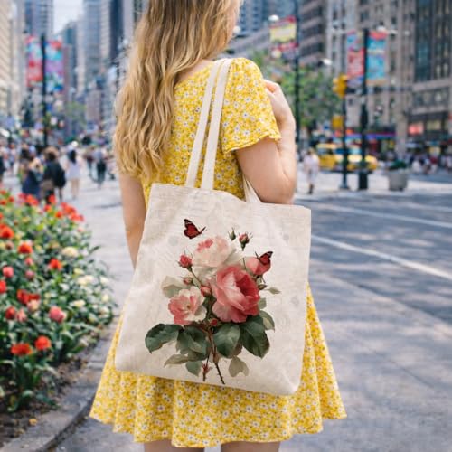Vintage Floral Canvas Tote Bag, Aesthetic Botanical Reusable Grocery Bags for Women, Elegant Floral Lover Gift Tote - color: Color24