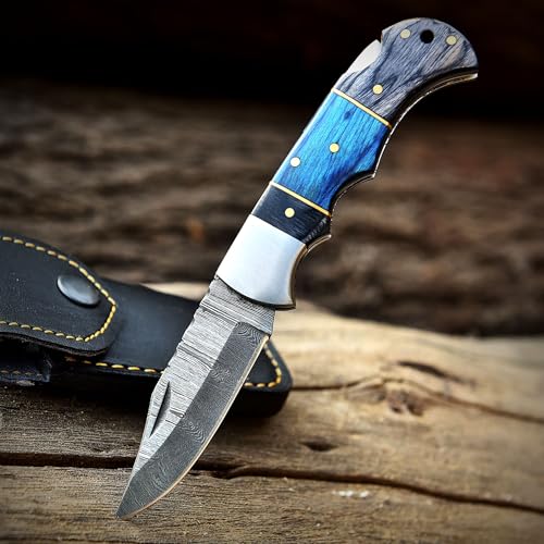 Poshland Steelware Custom Damascus Steel Folding Pocket Knife – Handmade, Compact for Outdoor, Camping, Hiking and Hunting (Blue Pakka Wood) - color: Blue Pakka Wood