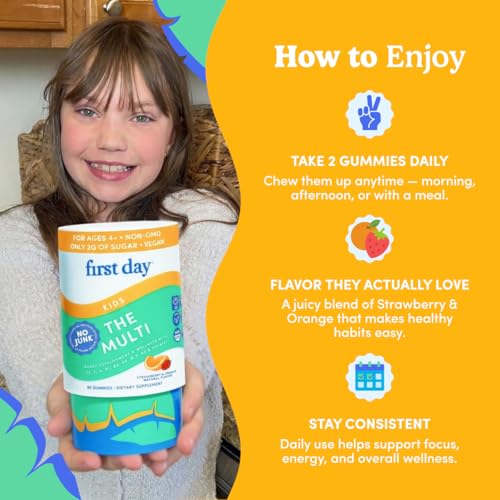 FIRST DAY Kids Multivitamin Gummies Age 4+, Strawberry & Orange - Kids Vitamins Multivitamin Gummy A C D3 K2 B1 B2 B6 B12 Folate, Immunity & Brain Function, Vegan - 60 Day Supply, Packaging May Vary