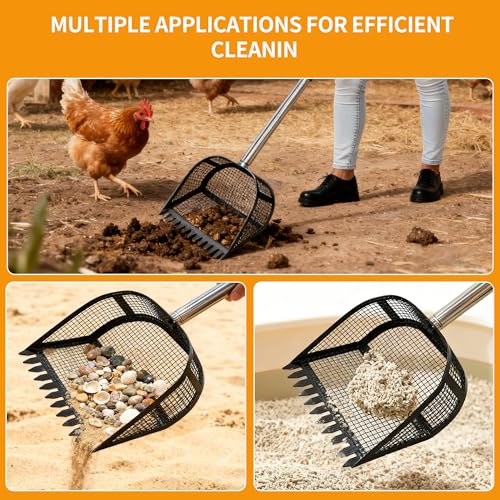 2-in-1 Chicken Poop Scooper, Chicken Coop Sand Rake with Adjustable Handle | 24-68in Stainless Steel Handle, Chicken Coop Rake for Chicken Coop Accessories Waste Cleaning Tools