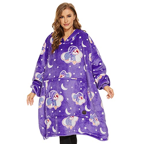 THREE POODLE Wearable Blanket Hoodie for Women, Oversized Sherpa Sweatshirt Blanket for Adults Men, Cozy Hooded Blankets, Glow in the Dark, Gifts for Teen Girls Women Mom Sister - color: Luminous Sloth, size: Adult