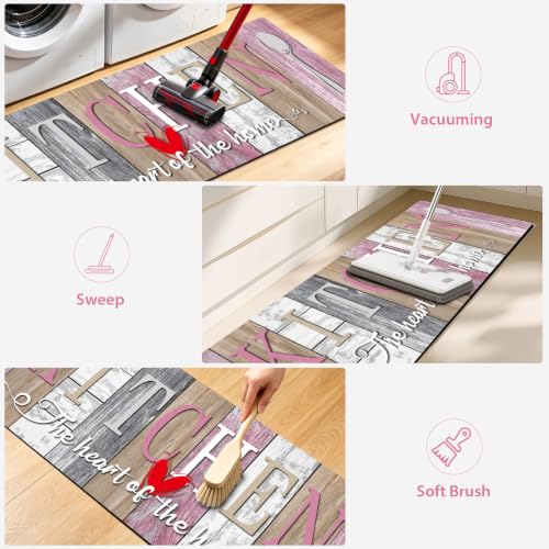 Kitchen Rugs Set 3 Piece, Non Slip Pink Kitchen Mats for Floor, Soft Fabric with Rubber Backing, Farmhouse Anti Fatigue Runners Carpet for Home Kitchen Laundry Room Hallway (Rustic Pink & Grey) - color: Rustic Pink & Grey