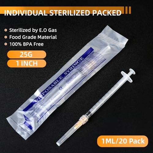 20 Pack 1ml Syringes with 25G 1 Inch Needle, Disposable Luer Lock Syringe Individually Sterile Packed for Scientific Lab, Liquid Measuring and Dispensing - size: 1CC-25G-1IN