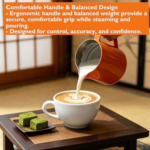 600ml(20oz) Milk Frothing Pitcher, Stainless Steel Milk Steamer Cup Milk Frother Jug for Barista-Style Coffee - Espresso Cappuccino & Latte Art Pouring Jug with Heat Resistant Handle, Orange