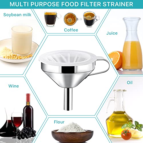 4 Pcs 200 Mesh Food Filter Strainer with 1 Pcs Funnel and Squeezing Rod, Reusable Ultra Fine Mesh Strainer for Filtering Juice Coffee Milk Honey, Kitchen Funnels for Filling Bottles