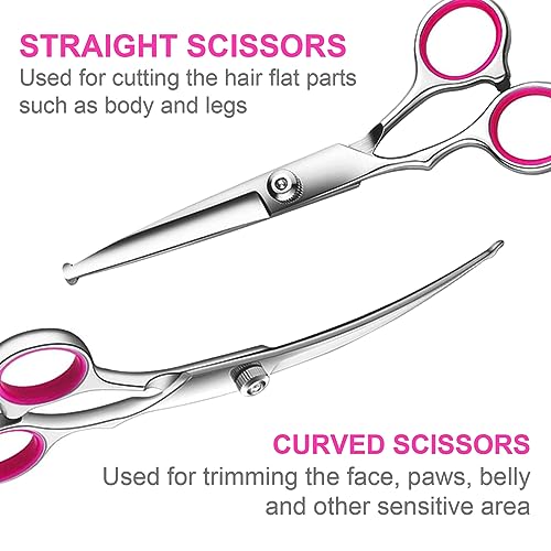 TINMARDA Dog Grooming Kit, Professional Stainless Steel Dog Grooming Scissors with Curved Shears, Pink Finger Rings - 5 Piece Sharp Durable Pet Shears for Dogs Cats At Home Salon-Quality Grooming - color: Pink, size: 5 Piece