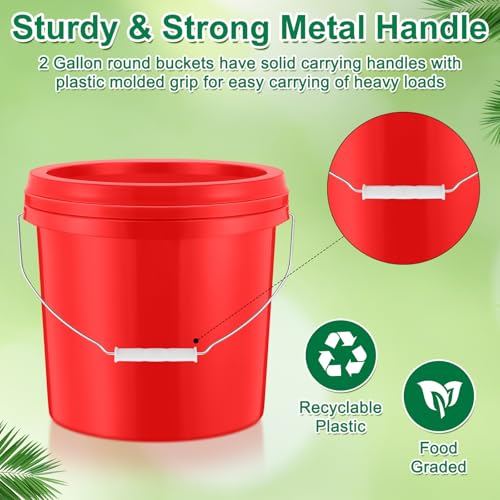 Tioncy 24 Pcs 2 Gallon Plastic Buckets with Lids and Handles,Red | Storage Pails for Paint, Cleaning, Organizing, Durable Containers, Metal Handles, Plastic Material - color: Red