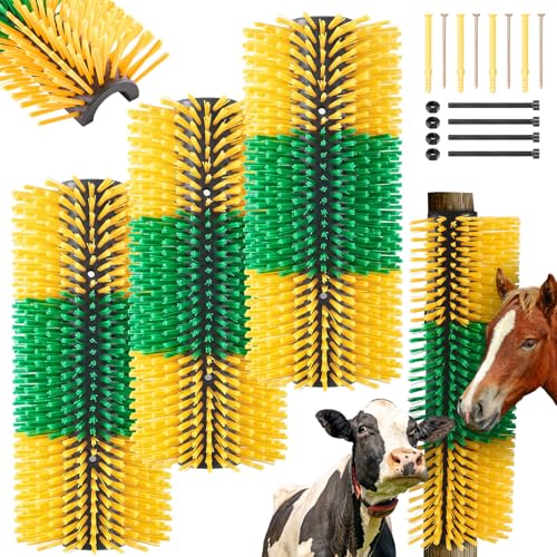 3 Pack Livestock Scratching Brush, Green and Yellow | Animal Scratcher, Itch Relief Grooming, Horse Goat Cow Scratcher, Fence Post Mounting, Durable Bristles, Farm Livestock Care - color: Green and Yellow