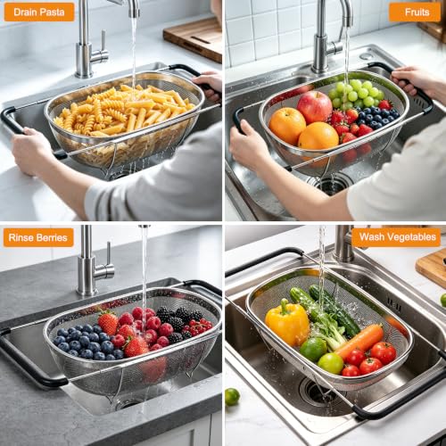 Palksky Over the Sink Colander, Stainless Steel Fine Mesh, 6 Quart 2 Pack | Expandable handles fit most sinks; fine mesh drains pasta, rice & produce - color: 6-Quart Over the Sink Colander 2 PCS