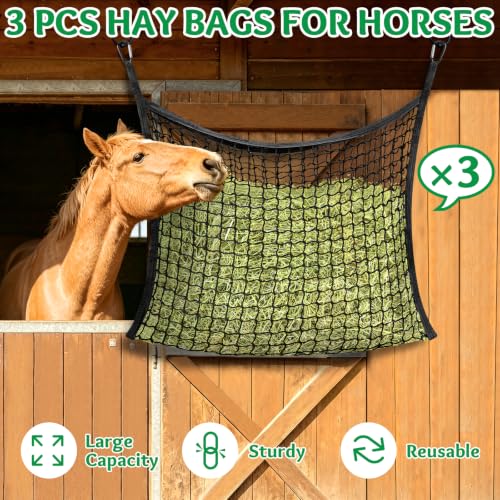 YedsIntu 3 Pcs Hay Bags for Horses, Slow Feed Hay Nets for Horses Goat Sheep, Large Capacity Hay Feeder for Stall, Trailer, Pasture (Black) - size: 3PCS-Black