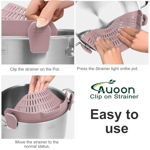 AUOON Pot Strainer Clip on Silicone, Large 10.45 x 4.33 in, Almond Rose | Fits Pots Pans Bowls, Dishwasher Safe, for Pasta Noodles Vegetable Fruits, Space-saving Kitchen Gadget - color: Almond Rose, size: Large 10.45 x 4.33 in