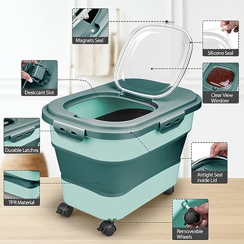 Viretec Dog Food Storage Container, 10-20Lbs Collapsible Pet Food Storage Containers with Rolling Wheel Airtight Locking Lid, Dry Food Storage Bin with Cup and Scoop,Suitable for Pet Food, Flour, Rice - color: Green