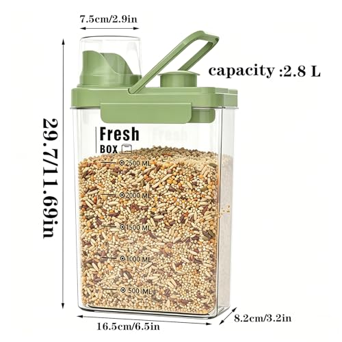 Bird Seed Storage Container with Lids Airtight Measuring Cup, Bird Seed Dispenser Pet Food Container are Used to Store Bird Food, Chicken Feed BPA Free,3 Qt/2.8 L,with Pouring Port(Green)