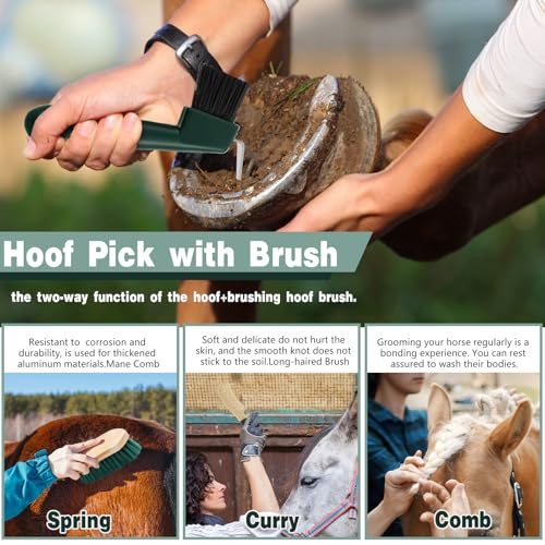 Abbylike 12 Pieces Horse Grooming Kit Racing Festival Tack Room Supplies Horse Brush Sets Equine Care Cleaning Kit Shedding Grooming Massaging Tools (Khaki and Green) - color: Khaki and Green