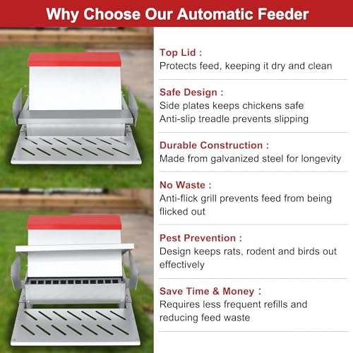 25lbs Automatic Chicken Feeder-Metal Treadle Poultry Feeder, No Waste Rat Proof Chicken Feeder with Sturdy Galvanized Steel Build and Weatherproof Locking Lid for Duck, Fowl, Pheasant Outdoor