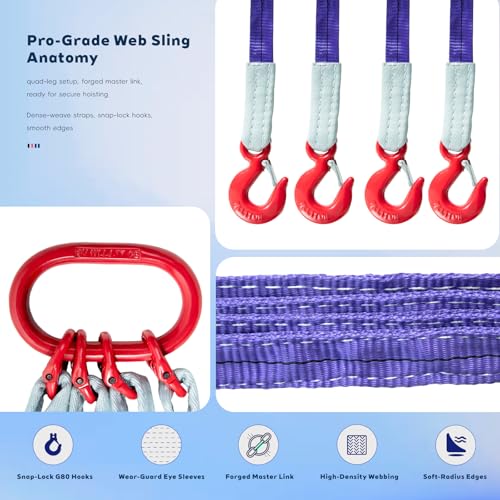 10 ft 4-Leg Web Bridle Lifting Sling, 8800 lb WLL | Safety-latch hooks, top master link, sewn load tag, taller hoist setups - size: 10 ft