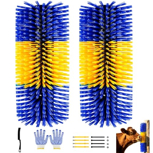 2 Packs Livestock Scratch Brush, Goats Brush Horse Scratching Post | Stiff Bristle, Itch Relief, Self-grooming, Full Massage, Livestock Scratching Brushes Set, with Cleaning Tool and Gloves - color: Blue