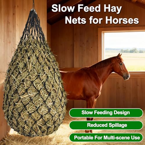 Hay Bags for Horses, 2 Pack Hay Nets for Horses Slow Feed, Goats, Livestock, 40" Large Opening Polyester Rope Hay Nets for Horses with Drawstring, Reduces Waste for Travel Pasture Stall Use