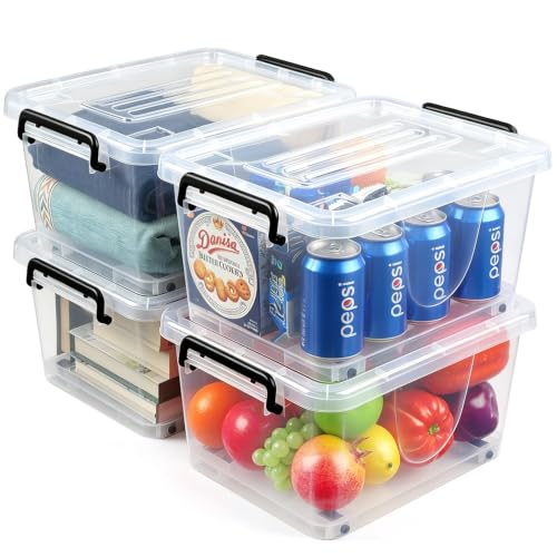 NUMIFUN 15QT Storage Bins with lids, Stackable Space Saver for Family | 4-pack BPA-free plastic boxes with secure latches. Deep recessed lids ensure safe stacking for closet & garage storage. - color: 15QT Clear Black