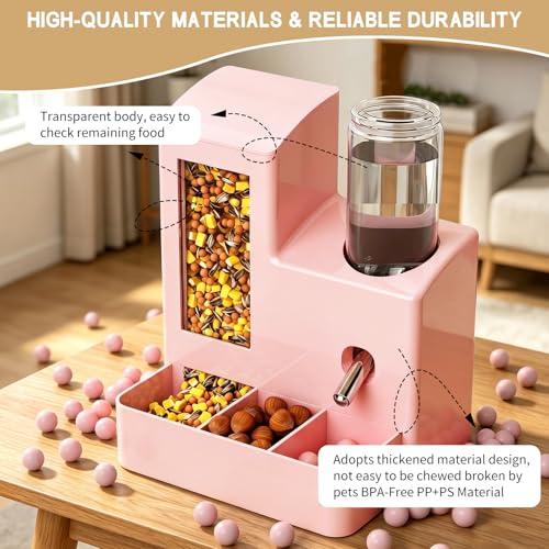 Hamster Water Bottle Feeder, No Drip 2-in-1 Dispenser | 5.51 x 4.33 x 6.49 Inch compact design with hamster water dispenser, hamster food bowl and cage accessories for small pets. - color: Pink