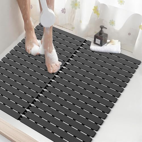 Shower Mat Non-Slip Bath Mat for Tub and Shower Stall,236 Suction Cups with Drain Holes, Quick Dry Machine Washable, Extra Grip for Stand Up Showers, Bathroom Essentials 24x24 Inch(Black) - color: Black