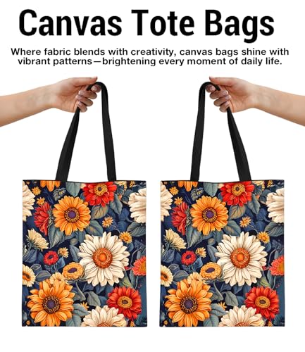 Aesthetic Floral Canvas Tote Bag - Reusable Shoulder Tote Bag for Women Lady Casual Vacation, Shopping, Work, Gym - color: 1