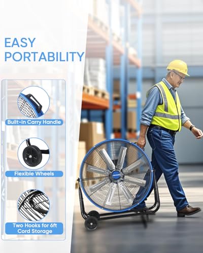 KEN BROWN 24 Inch Industrial Drum Fan, High Velocity Floor Shop Fan, Heavy Duty, 9500 CFM, 8 Blades, 3 Speeds, 360 Degree Tilt, Ideal for Industrial, Commercial, Gym, Garage Use, Blue - size: 24 inch