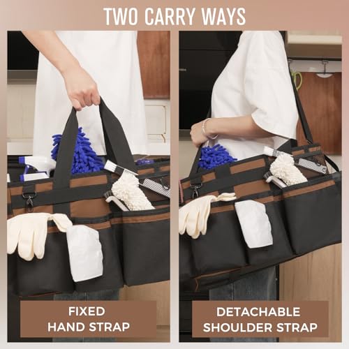 SCAVATA Wearable Cleaning Caddy, Cleaning Caddy Supplies Organizer with Handle & Shoulder Straps for Housekeepers, Under Sink & Car Cleaning Tool Organizers Bag with 4 Foldable Divider (Brown) - color: Brown