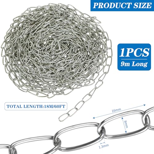 60ft Galvanized Steel Hanging Jack Chain Silver Metal Link Chain Roll Spool | Heavy Duty Hanging Chain for Home Outdoor Camping, Silver, 2 Pack