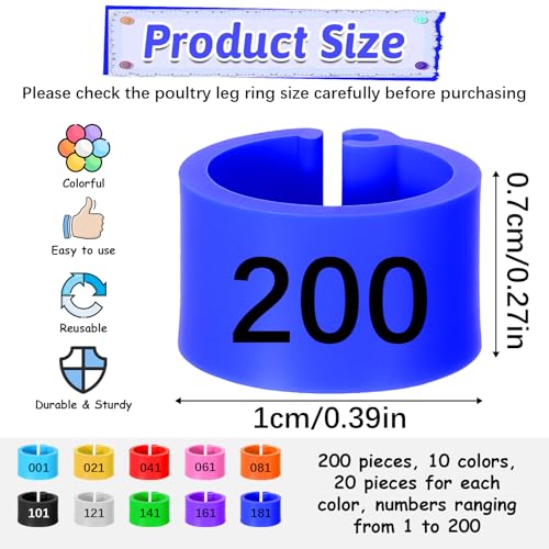 200 Pcs 8mm Chick Leg Bands, Colorful Numbered Bird Quail Leg Rings Identification Legs Bands Baby Chicken Supplies Poultry Tags for Chick Bantam Finch Dove Small Birds (Ten Colors) (Pack of 2) - size: 0.4 x 0.4 x 0.27 inches (Pack of 2)
