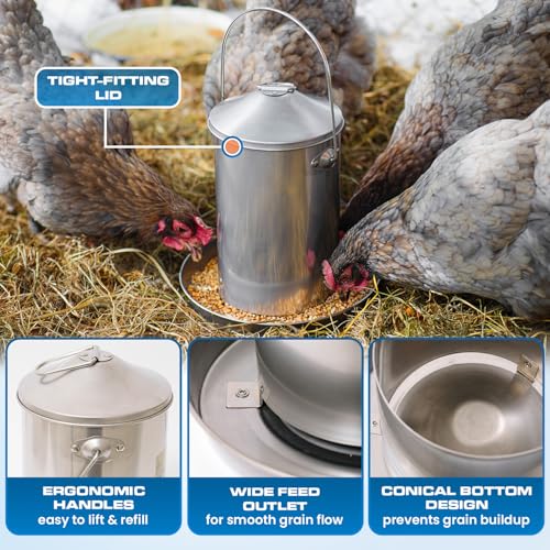 Plexon 6.6 Lb Hanging Chicken Feeder Metal Chicken Feeder with Handle no Waste Food - Stainless Steel - Turkey Duck Poultry Feeder - Heavy Duty Feeding Equipment - Backyard Coop - Small - size: 6.6 LB