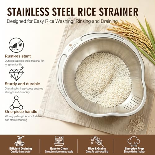 Palksky Rice Strainer & Rice Washing Bowl Stainless Steel - 5.6 Qt Professional Fine Mesh Rice Washer for Kitchen - Heavy Duty Rice Rinser, Cleaner & Drainer Colander for Quinoa, Grains & Fruit - color: 5.6 Qt Rice Strainer