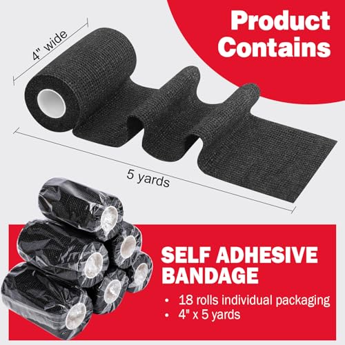 AZEN 18 Pack Self Adhesive Bandage Wrap, 4" X 5 Yards Elastic Cohesive Bandage Wrap, Black Athletic Tape, Tattoo Grip Tape Wrap, Vet Wrap, Ankle Tape - color: Black, size: 4IN - 18Pack