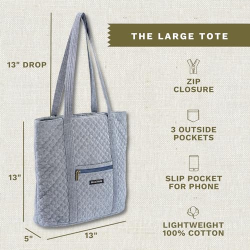 Bella Taylor Large Tote, Quilted Shoulder Bag for Women | Lightweight, 6-pocket large quilted purse, machine washable, zippered top, ultimate organization, durable construction - color: Blue Chambray