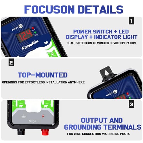 15 Miles Electric Fence Charger, 4 Joules Energy Output 12KV Output Voltage, AC DC Electric Fence Energizer with LED Display for Preventing Wild Animals Intruding Great for Gardens, Poultry - color: Black