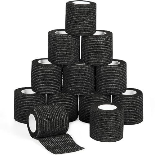 12 Pack Self Adhesive Bandage Wrap 2 Inches x 5 Yards Elastic Bandage Wrap Self Adherent Cohesive Tape Bandages for Wrist Ankle Vet Wrap for Dogs Swelling Sprains Athletic Tape Grip Cover (Black) | Elastic Bandage Wrap Cohesive Bandages for Wrist Ankle Pe