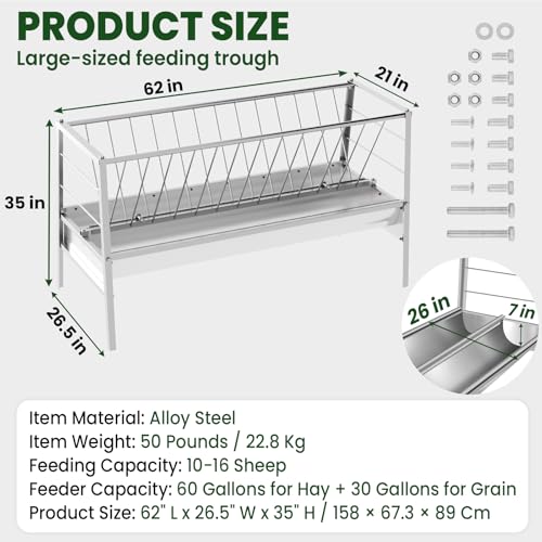 62'' Long Goat Feeder with 26'' Wide Tray, 90 Gallon Heavy Duty Alloy Steel Goat Hay Feeder for Goats Sheep Lambs Horses Farms Sheds, Ease of Assembly, Rust-Proof, Detachable Grain Tray - style: Alloy Steel