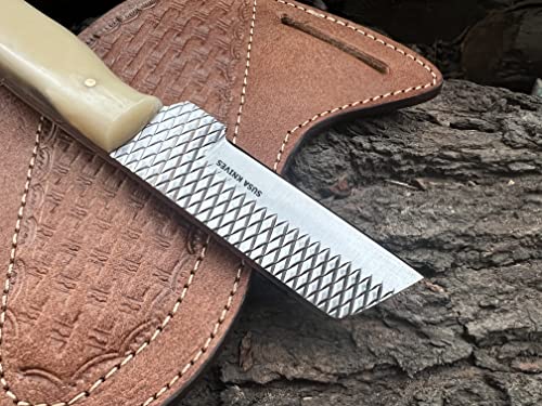 Custom Handmade 7'' fixed blade hoof rasp knife/Cow boy knife/Bull cutter Cowboy knives with pancake leather sheath - color: WHITE
