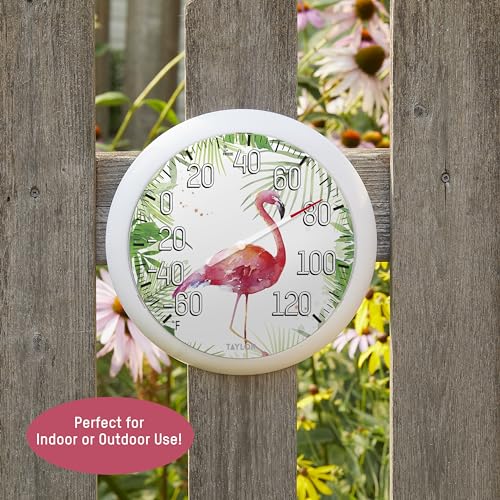 Taylor Flamingo Indoor Outdoor Dial Thermometer, Decor for Patio, Pool, or Garage, 8.5 Inch, White Bezel (Pack of 2) - size: 8.5-in (Pack of 2)